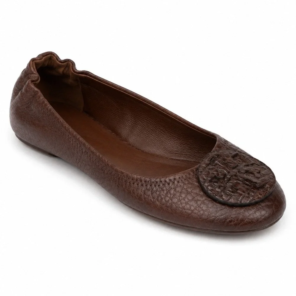 Tory Burch 7.5 Reva Ballet Flats Brown Tumbled Leather Logo Medallion Classic